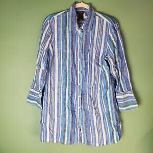 Multiples Womens Blue Multi Striped Linen Button Up Tunic Shirt Top Size XL